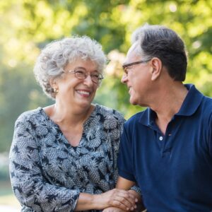 older husband and wife arm in arm outside